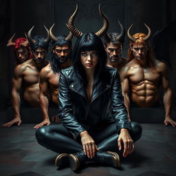 A photorealistic and visually stunning dark fantasy book cover featuring a black-haired human female sitting on the floor, wearing a sleek black leather jacket