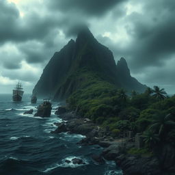 An eerie, deserted island shrouded in mystery, with dark, ominous clouds overhead