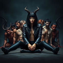 A photorealistic and visually stunning dark fantasy book cover featuring a black-haired human female sitting on the floor, wearing a sleek black leather jacket