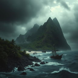 An eerie, deserted island shrouded in mystery, with dark, ominous clouds overhead