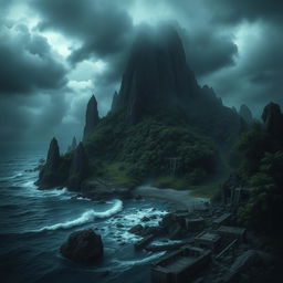 An eerie, deserted island shrouded in mystery, with dark, ominous clouds overhead