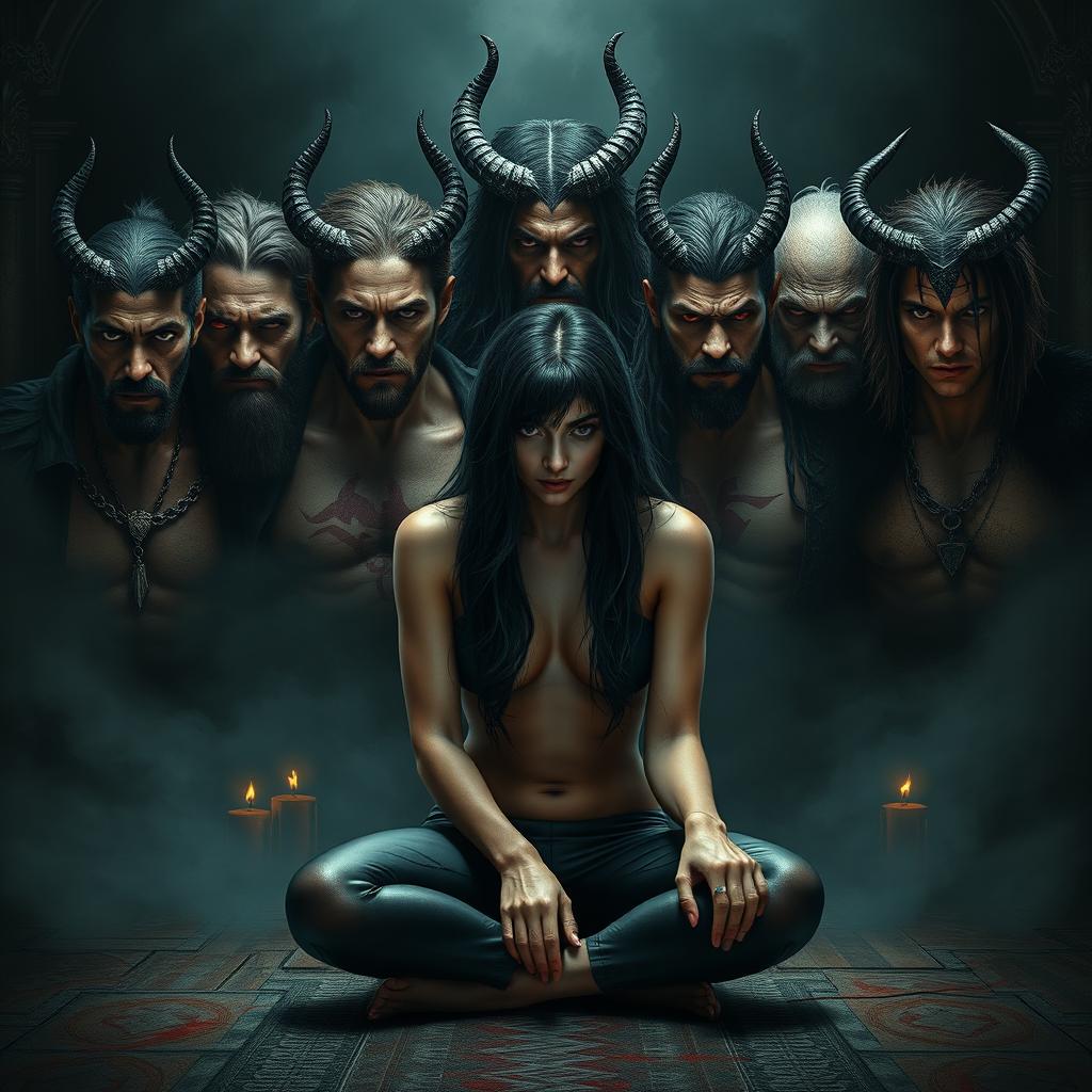 A photorealistic and visually stunning dark fantasy book cover featuring a black-haired human female sitting on the floor in front of seven men