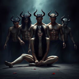 A photorealistic and visually stunning dark fantasy book cover featuring a black-haired human female sitting on the floor in front of seven men