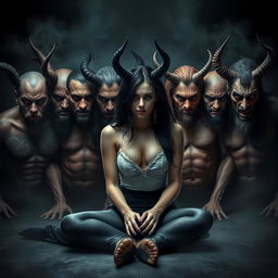 A photorealistic and visually stunning dark fantasy book cover featuring a black-haired human female sitting on the floor in front of seven men