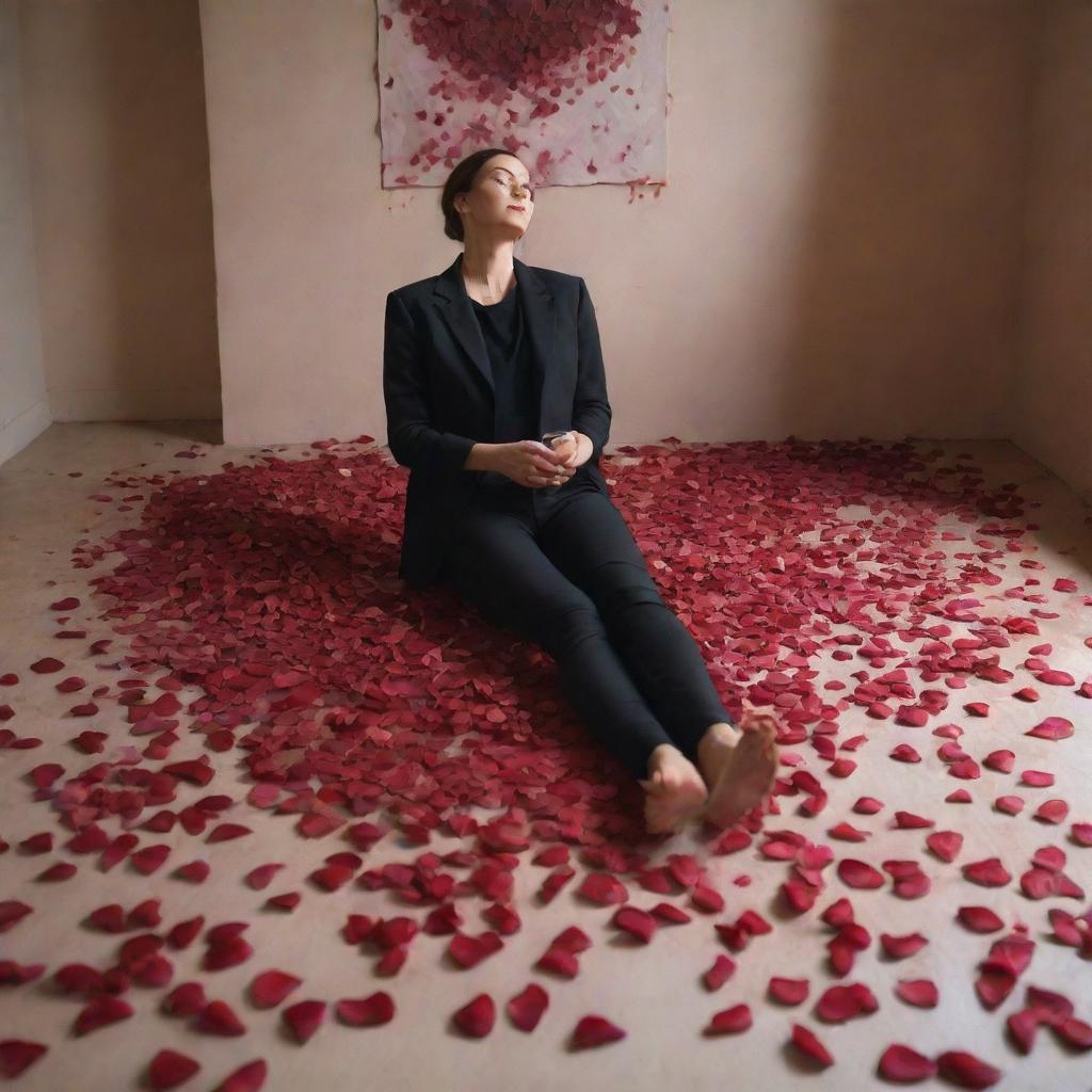 Generate a dramatic painting of a lifeless figure in a room, surrounded by an array of rose petals, with a glass of red wine delicately held in their hand.