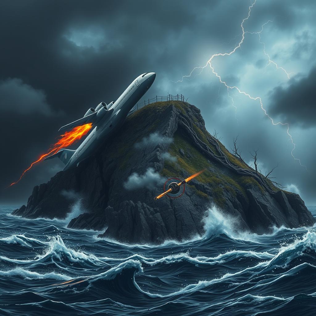 An intense scene of an airplane crashing into a dark, ominous island surrounded by turbulent seas