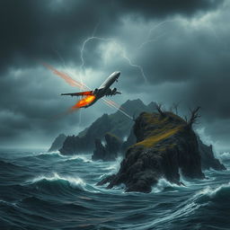 An intense scene of an airplane crashing into a dark, ominous island surrounded by turbulent seas