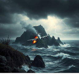 An intense scene of an airplane crashing into a dark, ominous island surrounded by turbulent seas