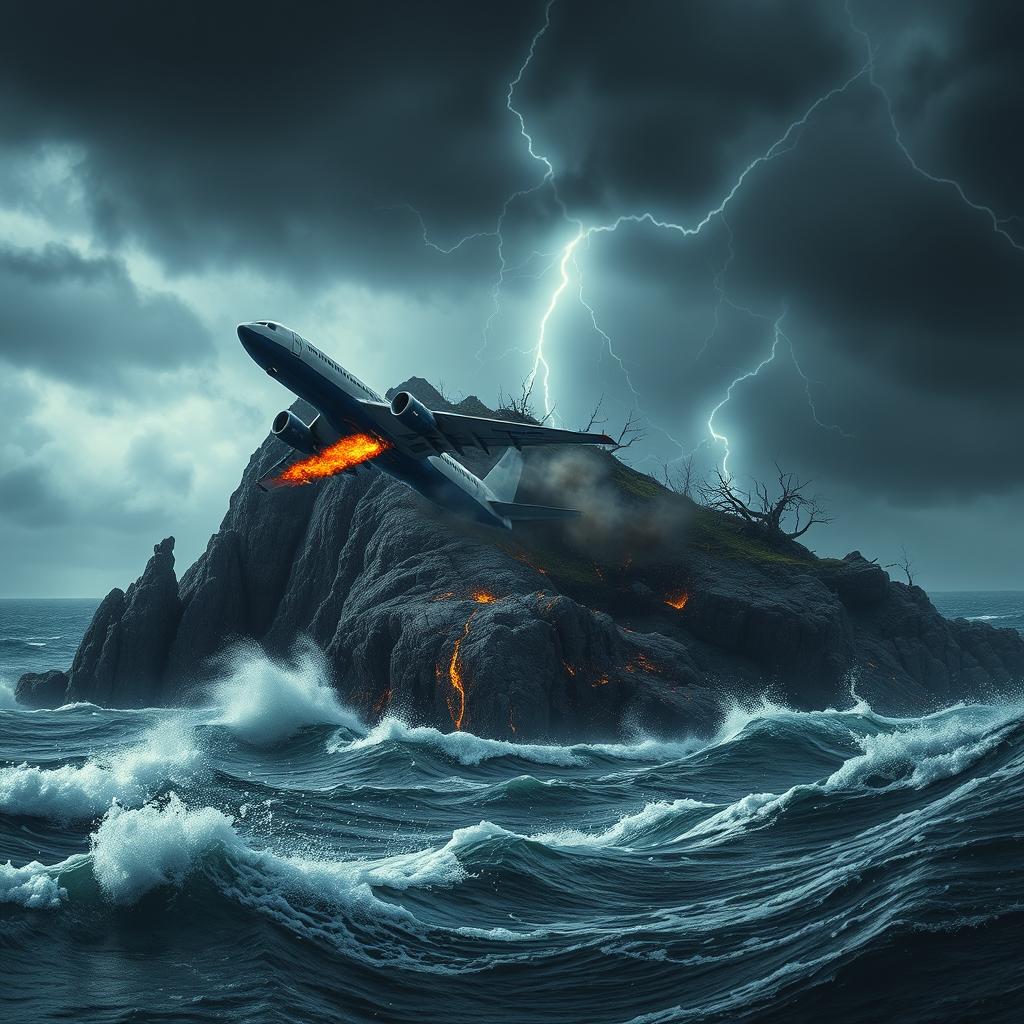 An intense scene of an airplane crashing into a dark, ominous island surrounded by turbulent seas