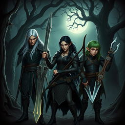 Three elves standing in a dark, mystical forest, each holding an intricately designed weapon