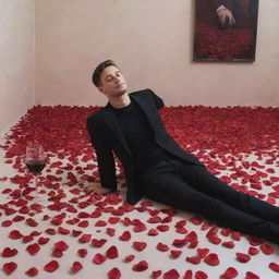 Generate a dramatic painting of a lifeless figure in a room, surrounded by an array of rose petals, with a glass of red wine delicately held in their hand.