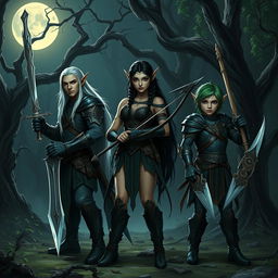 Three elves standing in a dark, mystical forest, each holding an intricately designed weapon