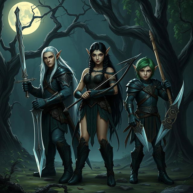 Three elves standing in a dark, mystical forest, each holding an intricately designed weapon