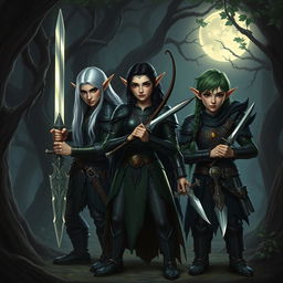 Three elves standing in a dark, mystical forest, each holding an intricately designed weapon