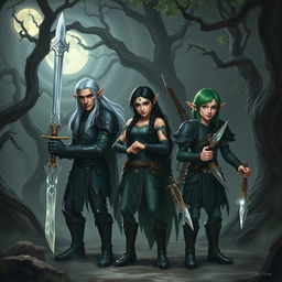 Three elves standing in a dark, mystical forest, each holding an intricately designed weapon