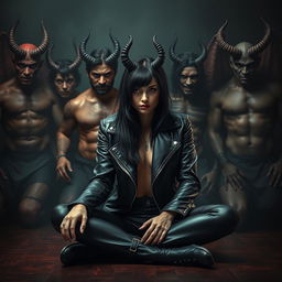 A photorealistic, visually stunning dark fantasy book cover featuring a black-haired human female sitting on the floor