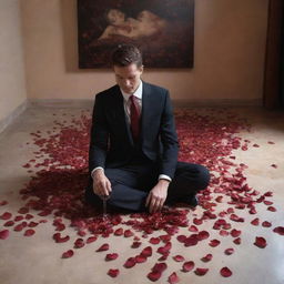 Generate a dramatic painting of a lifeless figure in a room, surrounded by an array of rose petals, with a glass of red wine delicately held in their hand.