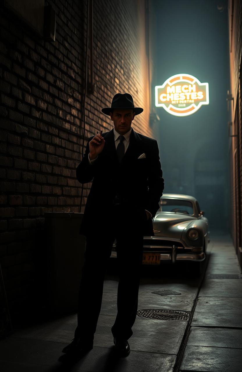 In the heart of the mafia, a dimly lit urban alley with gritty brick walls, a classic vintage car parked nearby, and a lone figure dressed in a tailored black suit and fedora, standing confidently with a cigarette in hand