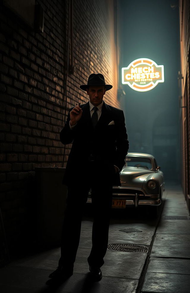 In the heart of the mafia, a dimly lit urban alley with gritty brick walls, a classic vintage car parked nearby, and a lone figure dressed in a tailored black suit and fedora, standing confidently with a cigarette in hand