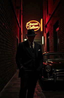 In the heart of the mafia, a dimly lit urban alley with gritty brick walls, a classic vintage car parked nearby, and a lone figure dressed in a tailored black suit and fedora, standing confidently with a cigarette in hand