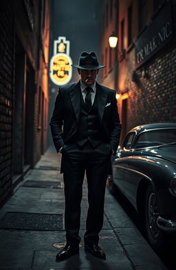 In the heart of the mafia, a dimly lit urban alley with gritty brick walls, a classic vintage car parked nearby, and a lone figure dressed in a tailored black suit and fedora, standing confidently with a cigarette in hand