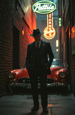 In the heart of the mafia, a dimly lit urban alley with gritty brick walls, a classic vintage car parked nearby, and a lone figure dressed in a tailored black suit and fedora, standing confidently with a cigarette in hand