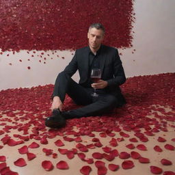 Generate a dramatic painting of a lifeless figure in a room, surrounded by an array of rose petals, with a glass of red wine delicately held in their hand.