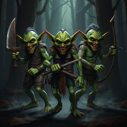 Three fierce goblins standing in a menacing pose, each wielding different weapons such as a rusty dagger, a spiked club, and a primitive bow