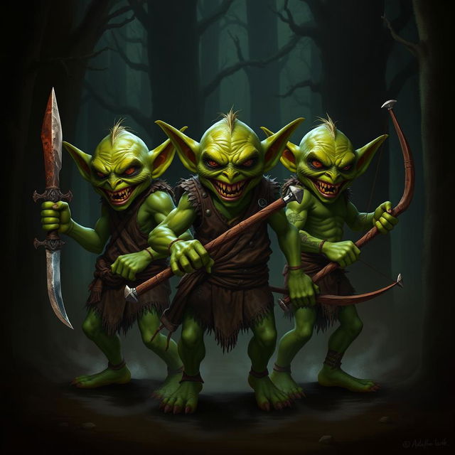 Three fierce goblins standing in a menacing pose, each wielding different weapons such as a rusty dagger, a spiked club, and a primitive bow