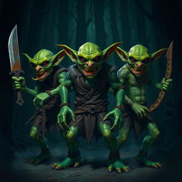 Three fierce goblins standing in a menacing pose, each wielding different weapons such as a rusty dagger, a spiked club, and a primitive bow