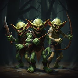 Three fierce goblins standing in a menacing pose, each wielding different weapons such as a rusty dagger, a spiked club, and a primitive bow