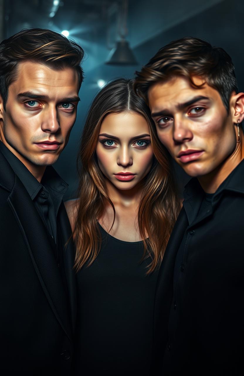 In the heart of the mafia scene, a girl with captivating green eyes and fair skin stands confidently between two boys