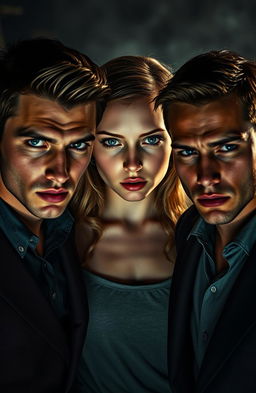 In the heart of the mafia scene, a girl with captivating green eyes and fair skin stands confidently between two boys