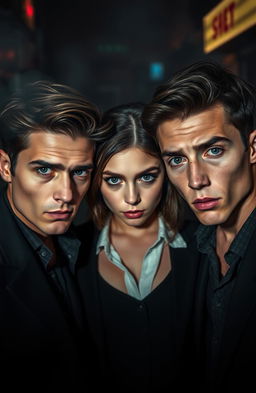 In the heart of the mafia scene, a girl with captivating green eyes and fair skin stands confidently between two boys