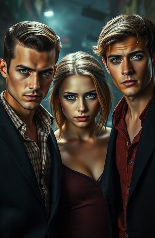 In the heart of the mafia scene, a girl with captivating green eyes and fair skin stands confidently between two boys