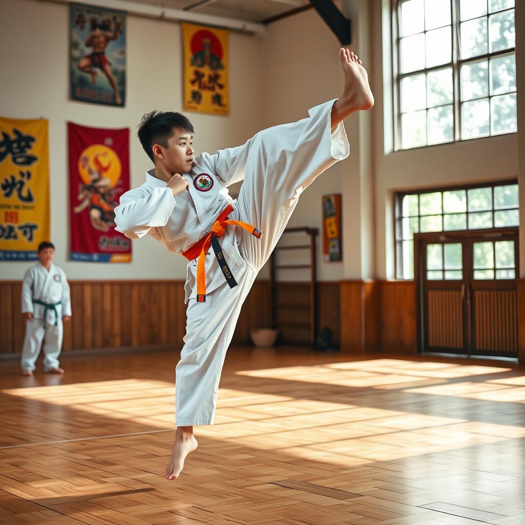 A dynamic action shot of a Taekwondo practitioner executing a high kick, wearing traditional white dobok with colorful belt