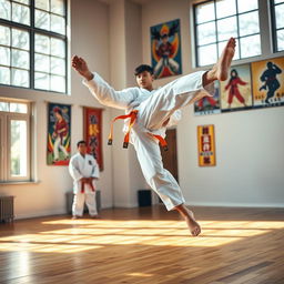 A dynamic action shot of a Taekwondo practitioner executing a high kick, wearing traditional white dobok with colorful belt