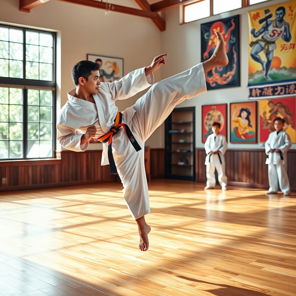 A dynamic action shot of a Taekwondo practitioner executing a high kick, wearing traditional white dobok with colorful belt