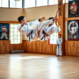 A dynamic action shot of a Taekwondo practitioner executing a high kick, wearing traditional white dobok with colorful belt