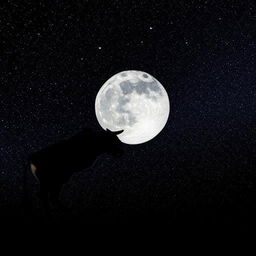 A playful cow gracefully leaping over a glowing full moon against a starry night sky.