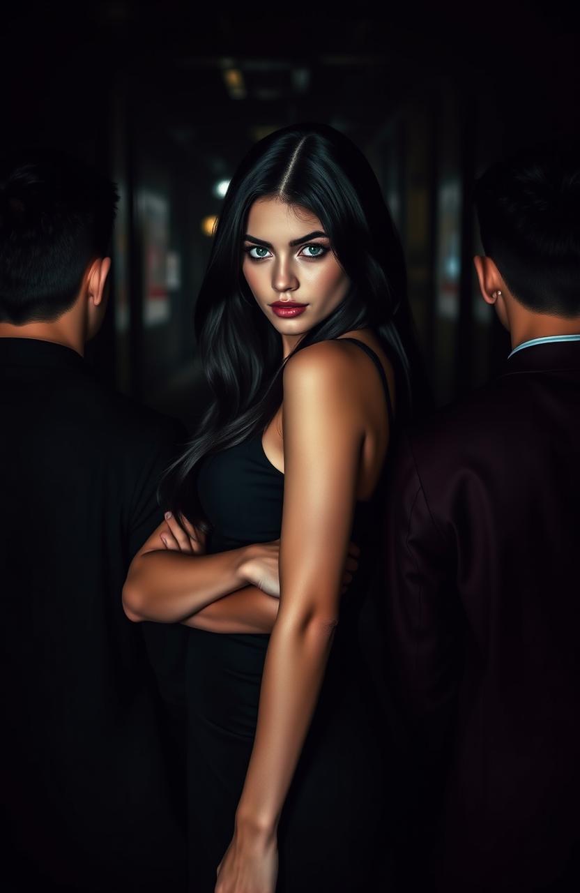 A dramatic scene titled 'En el corazón de la mafia', featuring a striking young woman with long black hair and piercing green eyes