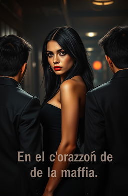 A dramatic scene titled 'En el corazón de la mafia', featuring a striking young woman with long black hair and piercing green eyes