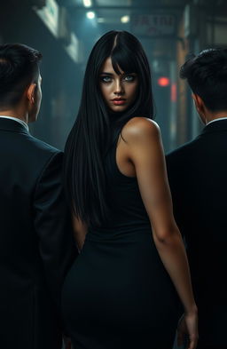 A dramatic scene titled 'En el corazón de la mafia', featuring a striking young woman with long black hair and piercing green eyes