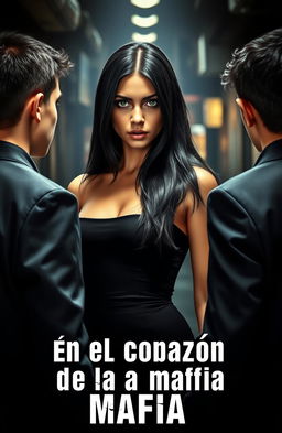 A dramatic scene titled 'En el corazón de la mafia', featuring a striking young woman with long black hair and piercing green eyes