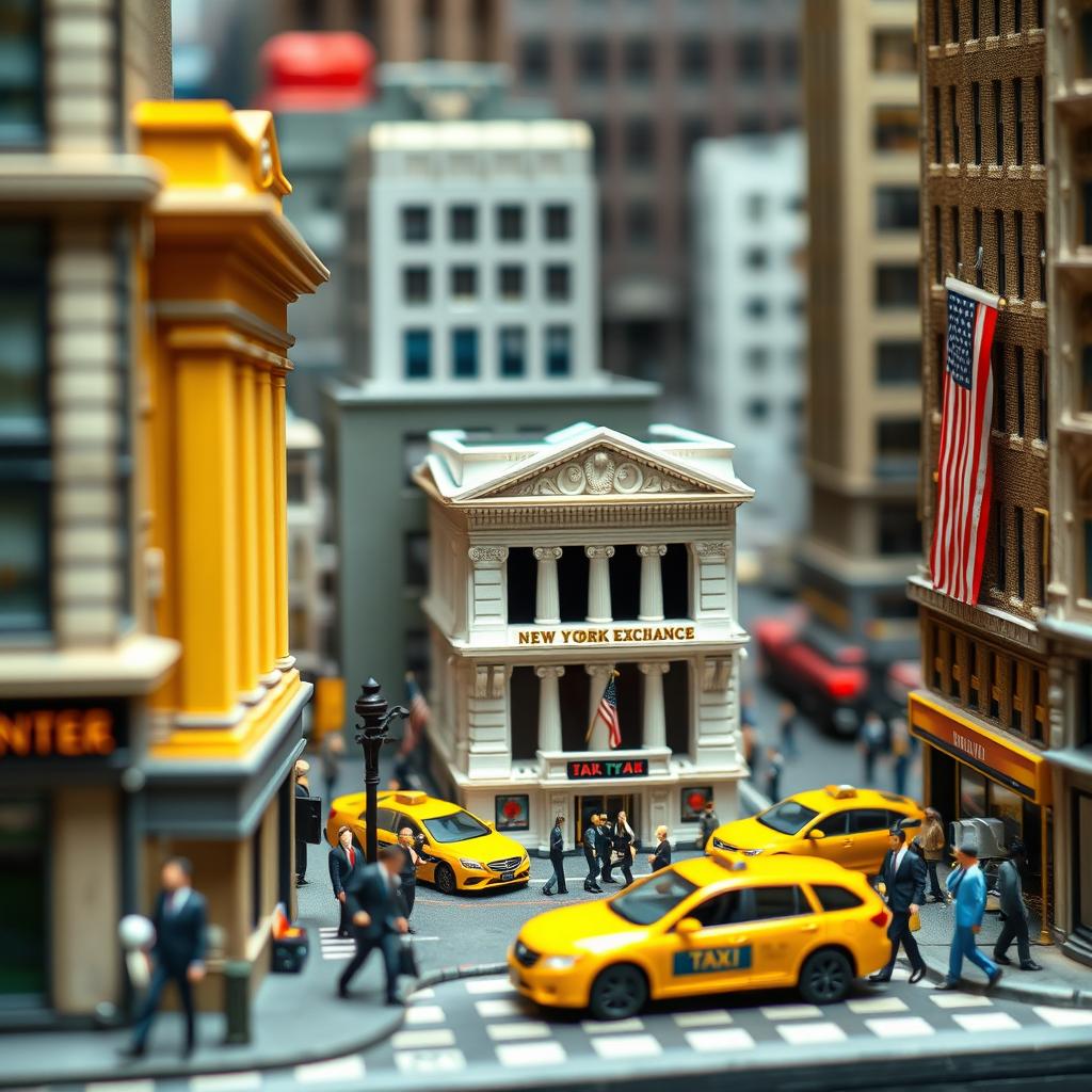 A detailed, vibrant illustration of a miniature diorama depicting Wall Street, with iconic buildings like the New York Stock Exchange featuring intricate architectural details