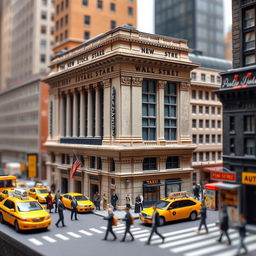 A detailed, vibrant illustration of a miniature diorama depicting Wall Street, with iconic buildings like the New York Stock Exchange featuring intricate architectural details