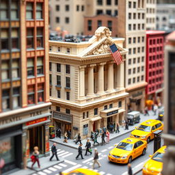 A detailed, vibrant illustration of a miniature diorama depicting Wall Street, with iconic buildings like the New York Stock Exchange featuring intricate architectural details