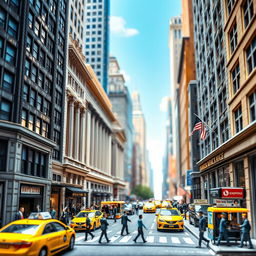 A detailed, vibrant illustration of a miniature diorama depicting Wall Street, with iconic buildings like the New York Stock Exchange featuring intricate architectural details