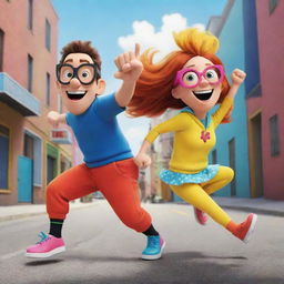 A vivid, dynamic illustration of the animated character Kick Buttowski alongside his wife, both showing their adventurous spirits, conveyed in bold, bright colors that match the original animation style.