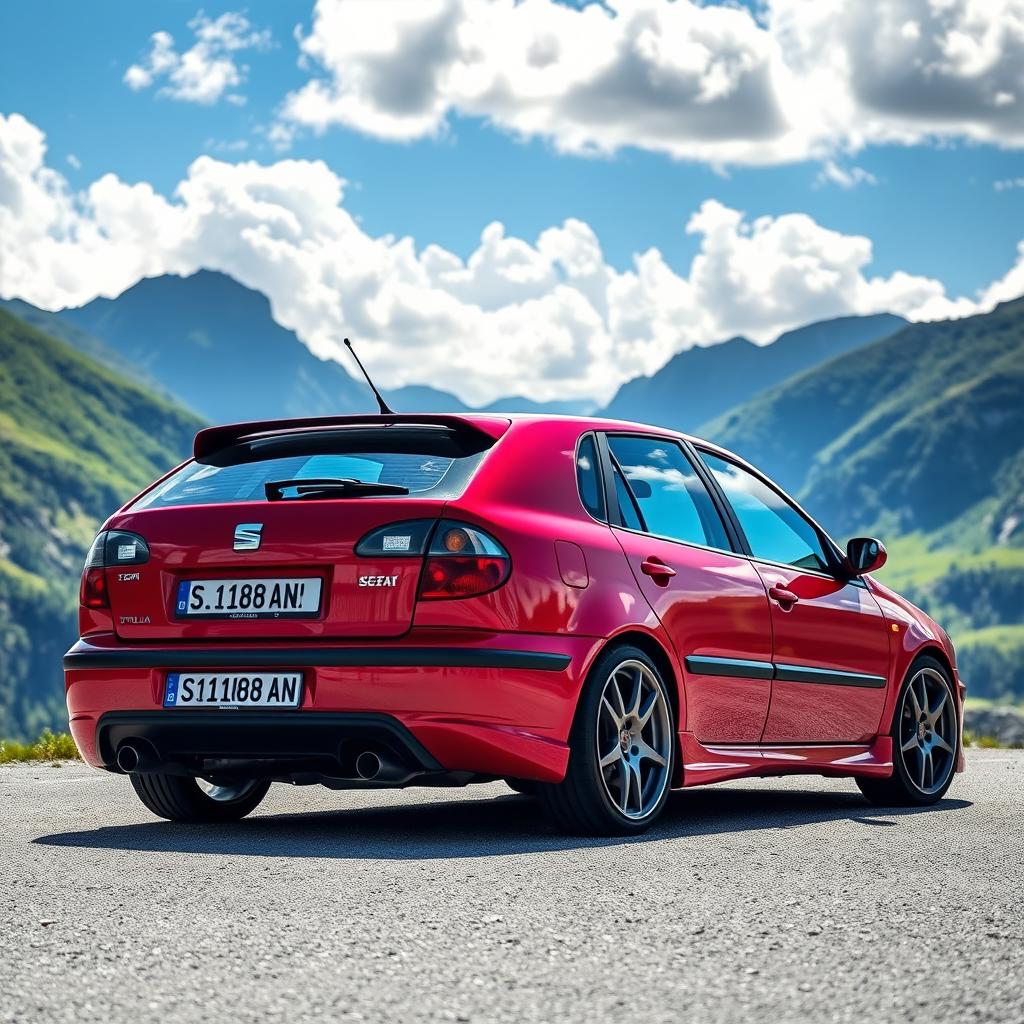 A red 1999 Seat Toledo, featuring a customized and tuned appearance, parked majestically in a breathtaking mountain landscape